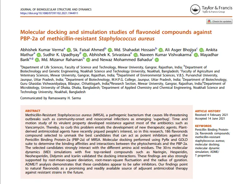 Molecular docking and simulation studies of flavonoid compounds against PBP-2a of methicillin‐resistant Staphylococcusaureus