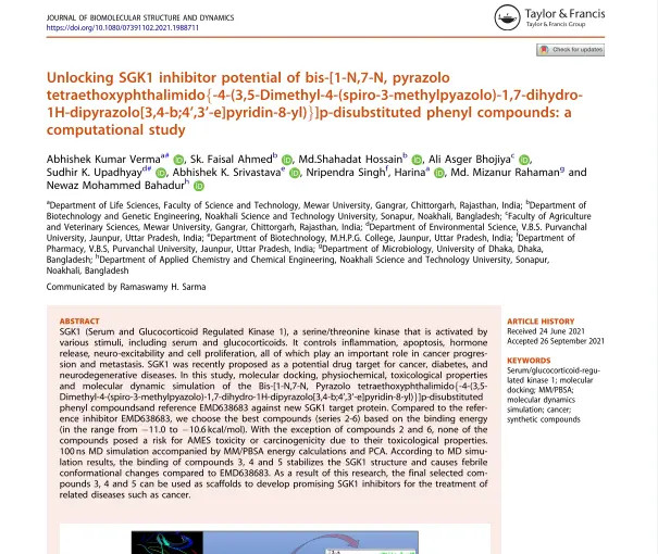 Unlocking SGK1 inhibitor potential of bis-[1-N,7-N, pyrazolo tetraethoxyphthalimido{-4-(3,5-Dimethyl-4-(spiro-3-methylpyazolo)-1,7-dihydro-1H-dipyrazolo[3,4-b;4',3'-e]pyridin-8-yl)}]p-disubstituted phenyl compounds: a computational study