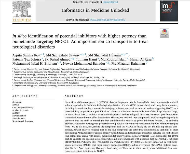 In silico identification of potential inhibitors with higher potency than bumetanide targeting NKCC1: An important ion co-transporter to treat neurological disorders
