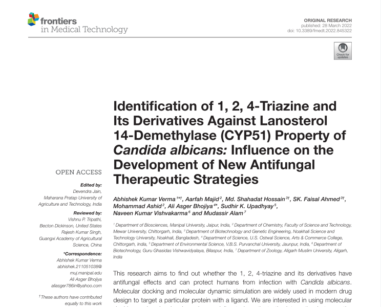 Identification of 1, 2, 4-Triazine and Its Derivatives Against Lanosterol 14-Demethylase (CYP51) Property of Candida albicans: Influence on the Development of New Antifungal Therapeutic Strategies